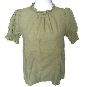 J. Crew Size XS 100% Green Linen Short Puff Sleeve High Neck Blouse